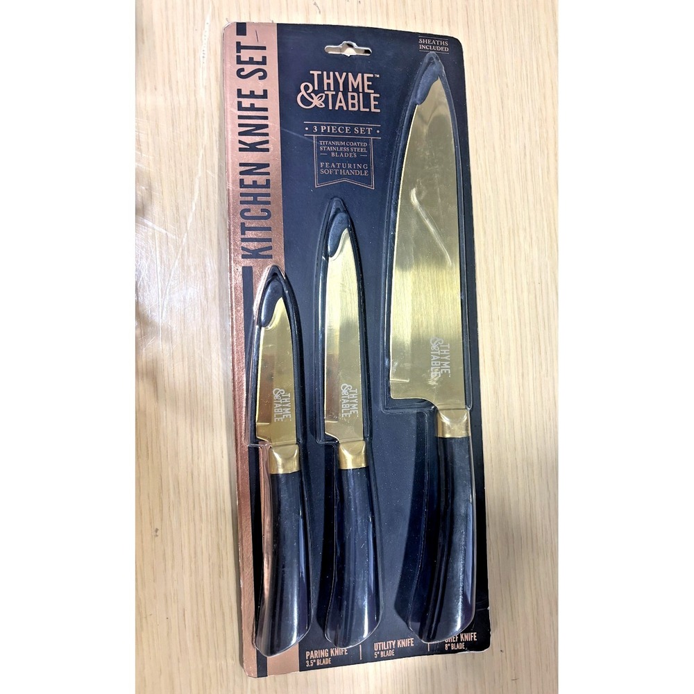 Thyme & Table 3pc Kitchen Knife Set Gold Titanium Chef Utility Paring NEW